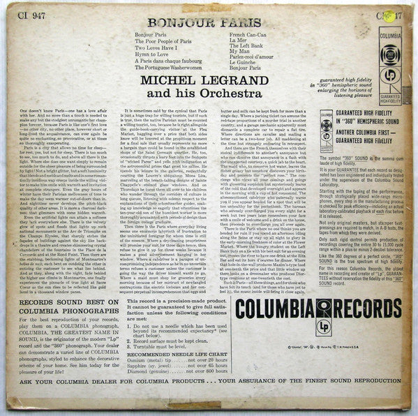 Michel Legrand And His Orchestra* : Bonjour Paris (LP, Album, Mono)