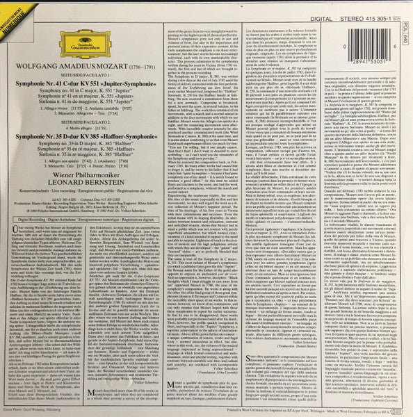 Mozart* / Wiener Philharmoniker, Leonard Bernstein : Symphonien No.35 "Haffner" / No.41 "Jupiter" (LP)