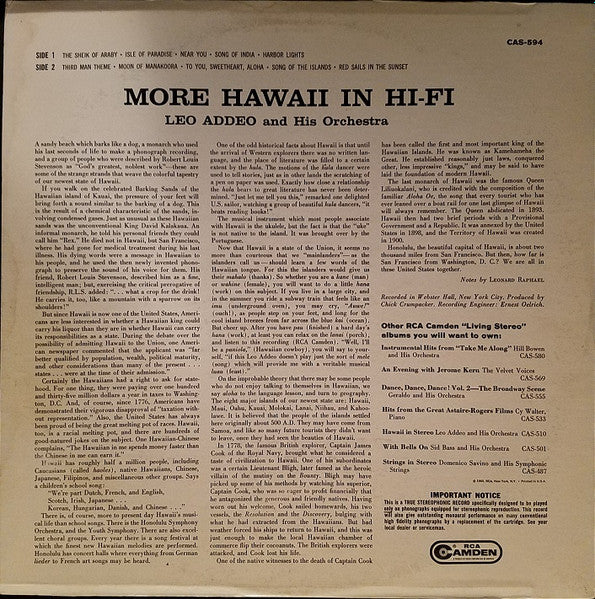 Leo Addeo And His Orchestra : More Hawaii In Stereo (LP, Album, RP, Hol)