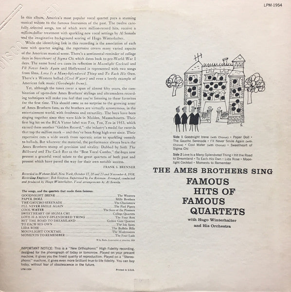 The Ames Brothers With Hugo Winterhalter And His Orchestra* : The Ames Brothers Sing Famous Hits Of Famous Quartets (LP, Mono, RE)