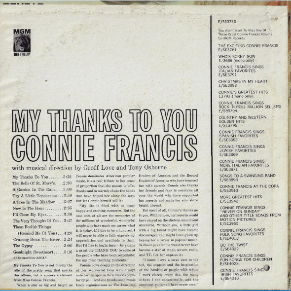 Connie Francis : My Thanks To You (LP, Album, Mono, RE)