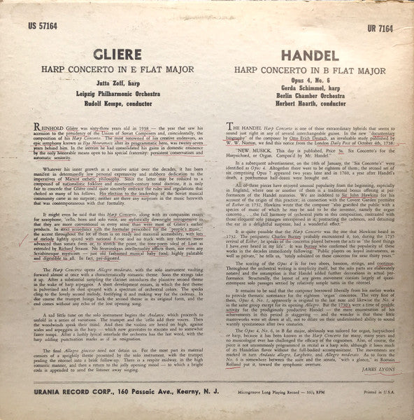 Handel* / Gerda Schimmel, Berlin Chamber Orchestra, Herbert Haarth ■ Gliere* / Jutta Zoff, Liepzig Philharmonic Orchestra*, Rudolf Kempe : Harp Concerto In B Flat Major ■  Harp Concerto In E Flat Major (LP, Album, Mono)