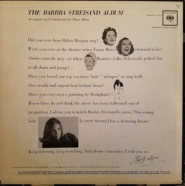 Barbra Streisand : The Barbra Streisand Album (LP, Album, Mono)