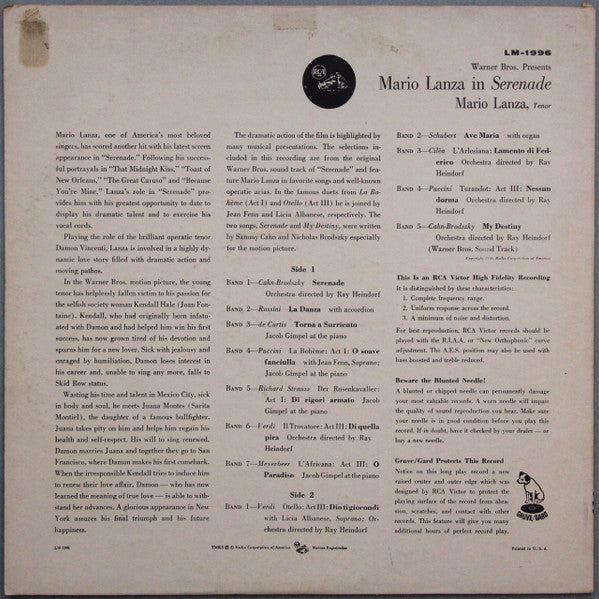 Mario Lanza : "Serenade" (LP, Album, Ind)