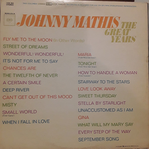 Johnny Mathis : The Great Years (2xLP, Comp, RE, Pit)
