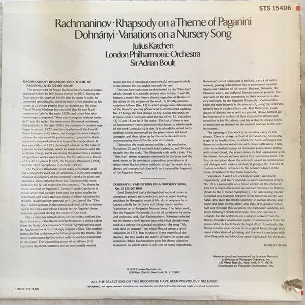 Rachmaninov* / Dohnanyi*, Julius Katchen, London Philharmonic Orchestra, Sir Adrian Boult : Rhapsody On A Theme Of Paganini / Variations On A Nursery Tune (LP, Album, RE, RP)