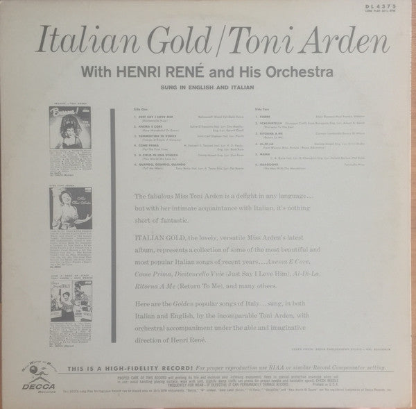 Toni Arden : Italian Gold (LP, Album, Mono)
