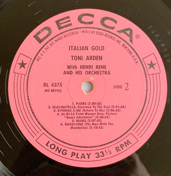 Toni Arden : Italian Gold (LP, Album, Mono)