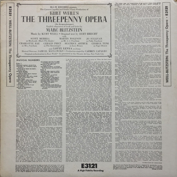 Kurt Weill, Marc Blitzstein : The Threepenny Opera = Die Dreigroschenoper (LP, Album, Mono, RE, MGM)