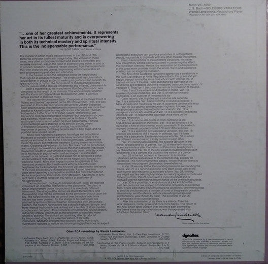 J.S. Bach* - Wanda Landowska : Goldberg Variations (LP, Mono, RE)