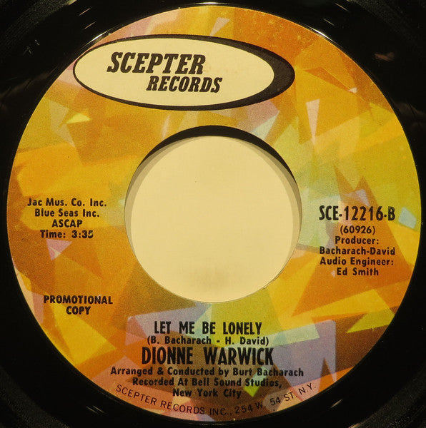 Dionne Warwick :  Let Me Be Lonely (7", Promo, Styrene)