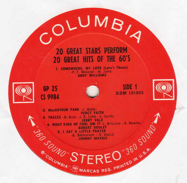 Various : 20 Great Stars Perform 20 Great Hits Of The 60's (2xLP, Comp, Ter)