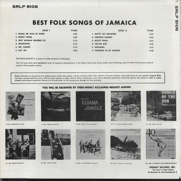 Frats Quintet Of Jamaica : Best Folk Songs Of Jamaica (LP, Album, Bla)