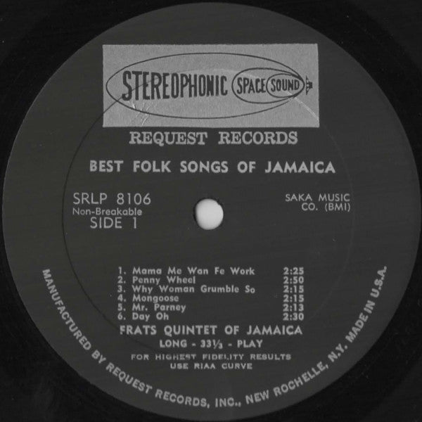 Frats Quintet Of Jamaica : Best Folk Songs Of Jamaica (LP, Album, Bla)