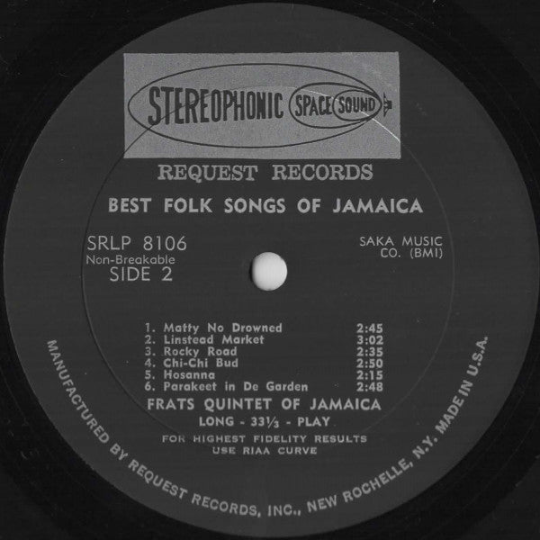 Frats Quintet Of Jamaica : Best Folk Songs Of Jamaica (LP, Album, Bla)