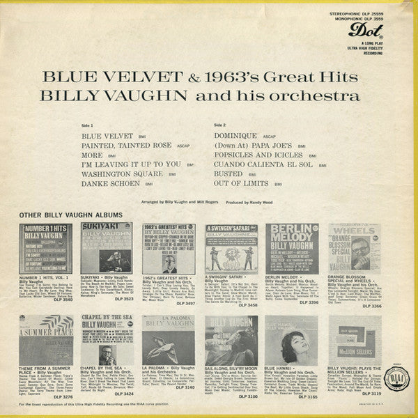 Billy Vaughn : Blue Velvet & 1963's Great Hits (LP, Album, Mono)