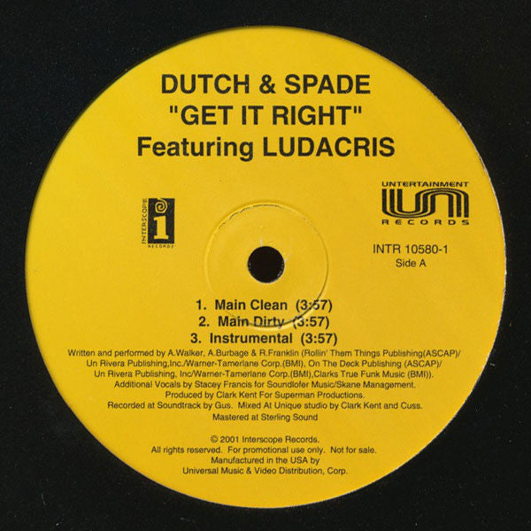 Dutch & Spade Featuring Ludacris : Get It Right (12", Promo)