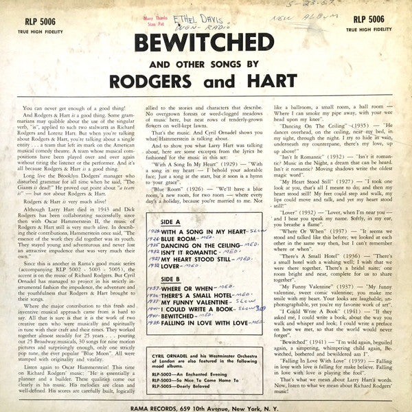 Cyril Ornadel and his Westminster Concert Orchestra : Bewitched And Other Songs By Rogers & Hart (LP)