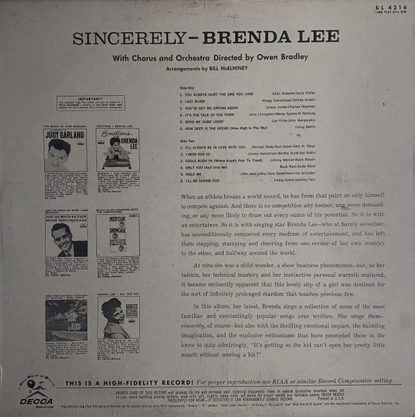 Brenda Lee : Sincerely (LP, Album, Mono, RP, Glo)
