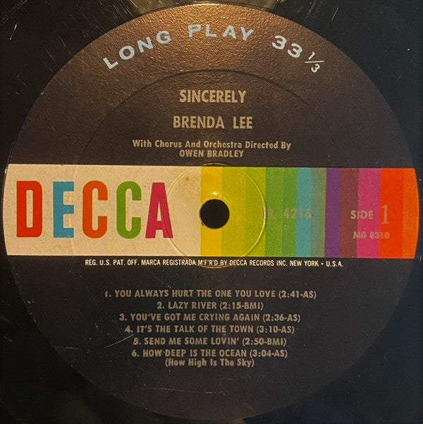 Brenda Lee : Sincerely (LP, Album, Mono, RP, Glo)