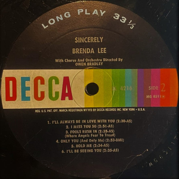Brenda Lee : Sincerely (LP, Album, Mono, RP, Glo)