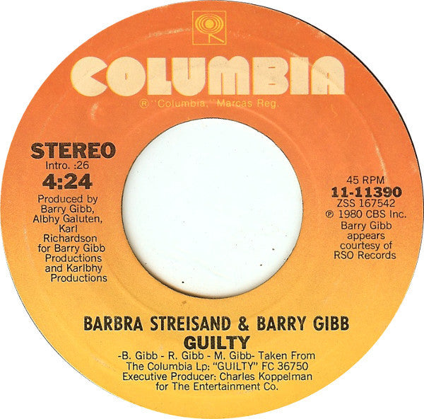 Barbra Streisand & Barry Gibb : Guilty (7", Single, Styrene, Pit)