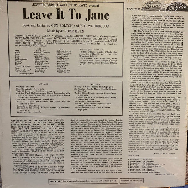 Various : Leave It To Jane (An Original Cast Recording) (LP, Album)