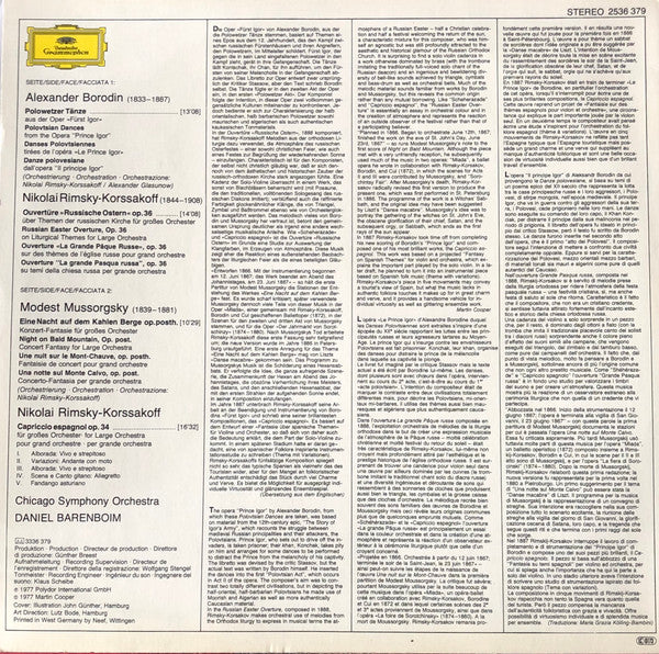 Chicago Symphony Orchestra ▪ Daniel Barenboim : Polowetzer Tänze = Polovtsian Dances ▪ Eine Nacht Auf Dem Kahlen Berge = Night On Bald Mountain ▪ Russische Ostern = Russian Easter Overture ▪ Capriccio Espagnol (LP)