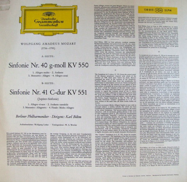 Mozart* · Karl Böhm, Berliner Philharmoniker : Symphonien Nr. 40 G-Moll (In G Minor) Nr. 41 Jupiter (LP, RP)