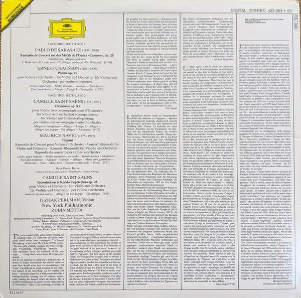 Saint-Saëns*, Sarasate*, Chausson*, Ravel*, Itzhak Perlman, New York Philharmonic, Zubin Mehta : Introduction & Rondo Capriccioso • Havanaise • Carmen-Fantasy • Poème • Tzigane (LP, Club)