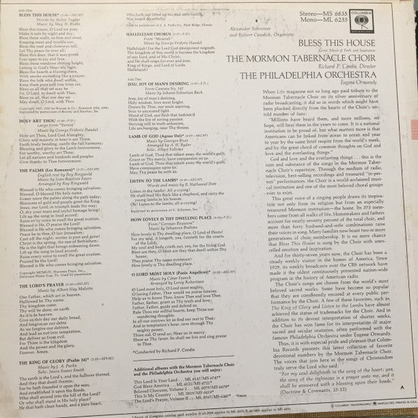 The Mormon Tabernacle Choir*, Richard P. Condie, The Philadelphia Orchestra, Eugene Ormandy : Bless This House (LP, Album, RE)