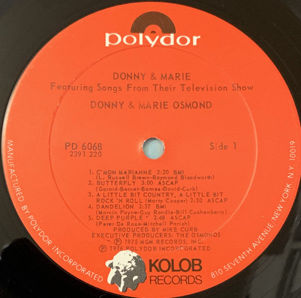 Donny & Marie Osmond : Donny & Marie Featuring Songs From Their Television Show (LP, Album, PRC)