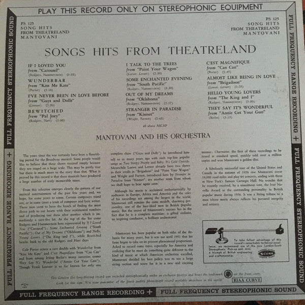 Mantovani And His Orchestra : Song Hits From Theatreland (LP, Album)