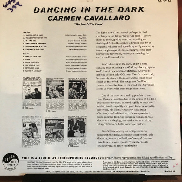 Carmen Cavallaro : Dancing In The Dark (LP, Album)