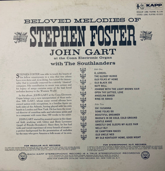 John Gart With The Southlanders (10) : Beloved Melodies Of Stephen Foster (LP, Mono)