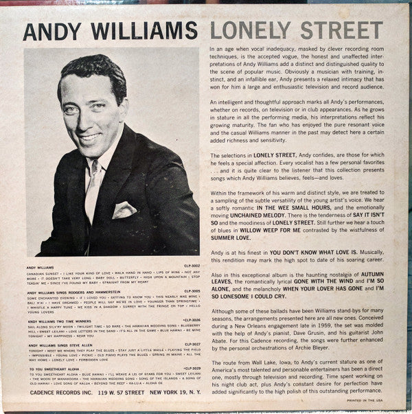 Andy Williams : Lonely Street (LP, Album, Mono, RP)