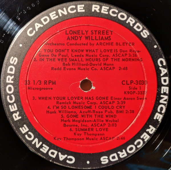 Andy Williams : Lonely Street (LP, Album, Mono, RP)