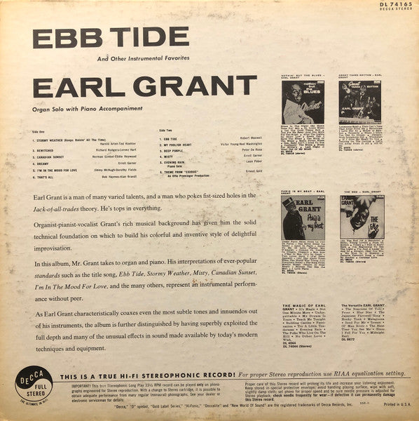 Earl Grant : Ebb Tide And Other Instrumental Favorites (LP, Album, RP, Pin)