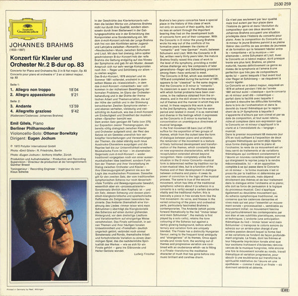 Johannes Brahms, Emil Gilels, Berliner Philharmoniker, Eugen Jochum : Klavierkonzert Nr. 2 B-dur, Opus 83 (LP)