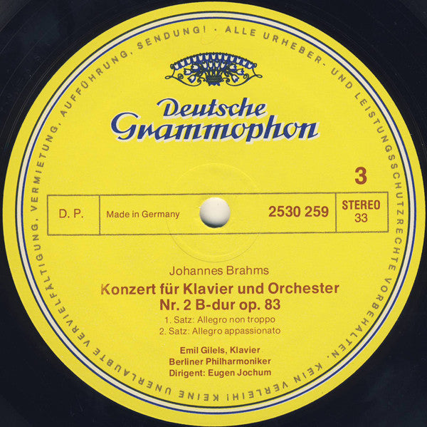 Johannes Brahms, Emil Gilels, Berliner Philharmoniker, Eugen Jochum : Klavierkonzert Nr. 2 B-dur, Opus 83 (LP)