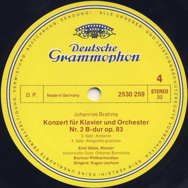 Johannes Brahms, Emil Gilels, Berliner Philharmoniker, Eugen Jochum : Klavierkonzert Nr. 2 B-dur, Opus 83 (LP)