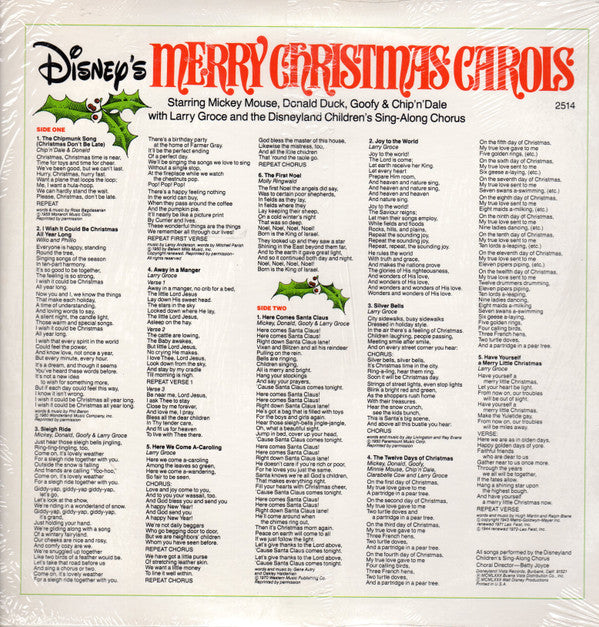 Mickey Mouse (2), Donald Duck, Goofy (2), Chip 'n' Dale With Larry Groce And The Disneyland Children's Sing-Along Chorus : Disney's Merry Christmas Carols (LP, Album, Kee)