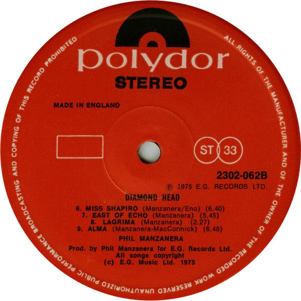 Phil Manzanera : Diamond Head (LP, Album, RE)