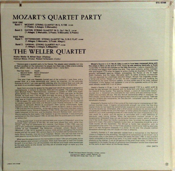 Mozart* / Haydn* / Dittersdorf* / Johann Baptist Vanhal, The Weller Quartet* : Mozart's Quartet Party (LP, Album, RP)