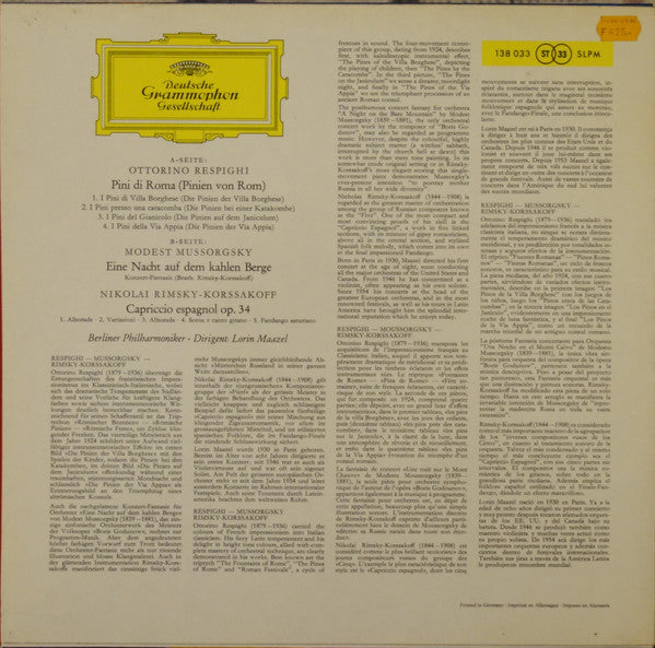 Respighi* / Mussorgsky* / Rimsky-Korssakoff*, Berliner Philharmoniker, Lorin Maazel : Pini Di Roma / Eine Nacht Auf Dem Kahlen Berge / Capriccio Espagnol (LP, Album, RE)
