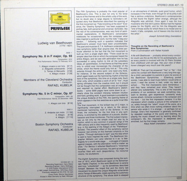 Beethoven*, Boston Symphony Orchestra, Members of the Cleveland Orchestra, Rafael Kubelik : Symphonies Nos. 5 & 8 (LP)