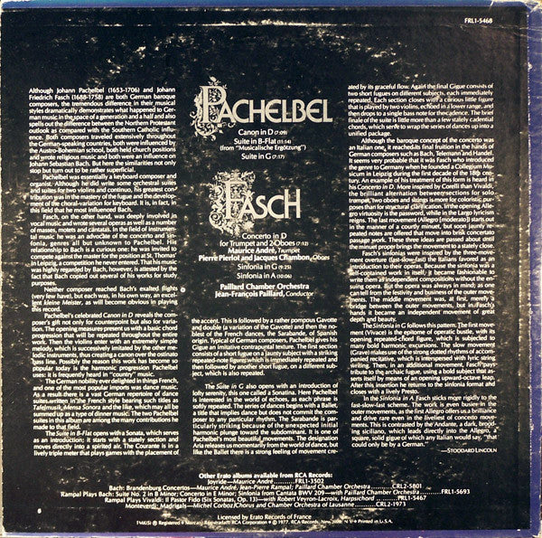 Pachelbel*, Fasch*, Maurice André, Jean-François Paillard Chamber Orchestra* : The Pachelbel Canon And Two Suites For Strings / Two Sinfonias And Concerto For Trumpet (LP, Album)