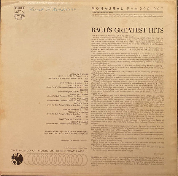 Swingle Singers* : Bach's Greatest Hits (LP, Mono)