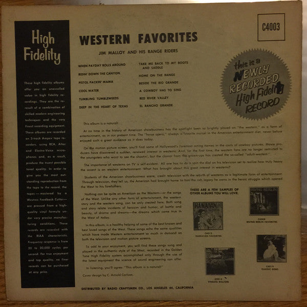 Jim Malloy And His Range Riders* : Western Favorites (LP)