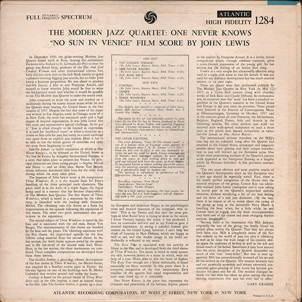 The Modern Jazz Quartet : The Modern Jazz Quartet Plays One Never Knows (Original Film Score For “No Sun In Venice”) (LP, Album, Mono)